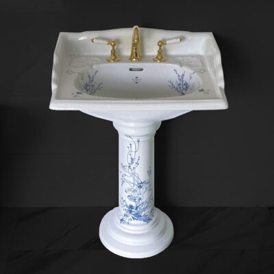 Victorian Blue Floral Patterned Large Basin and Pedestal