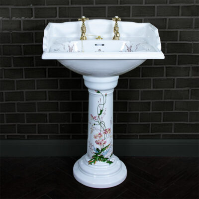 Victorian Garden Floral Decorated Large Basin and Pedestal